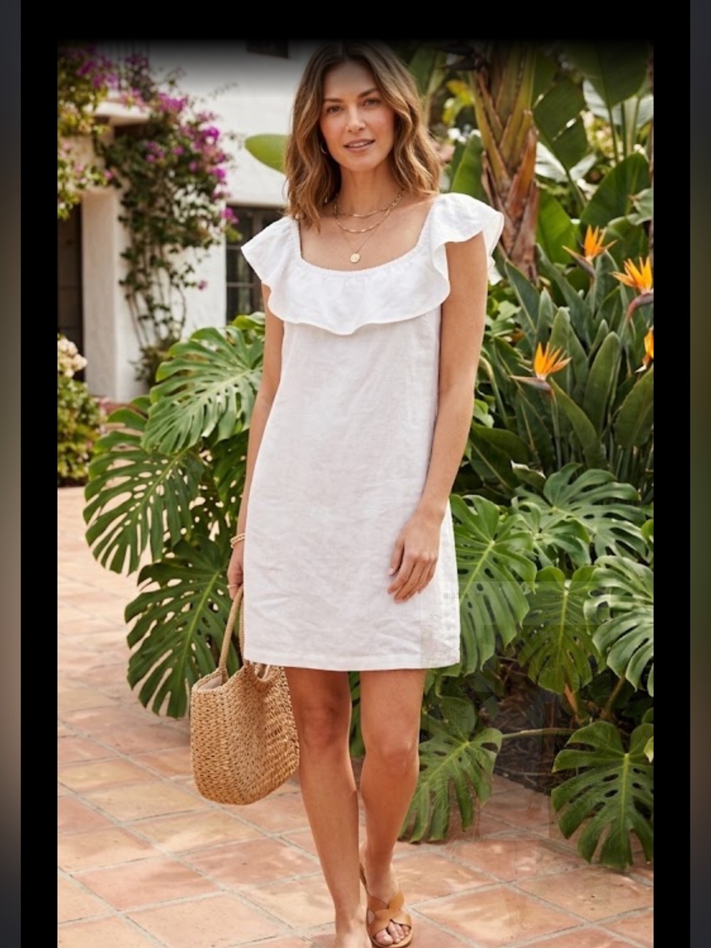 Tommy Bahama White Linen Ruffle Neck Mini Dress